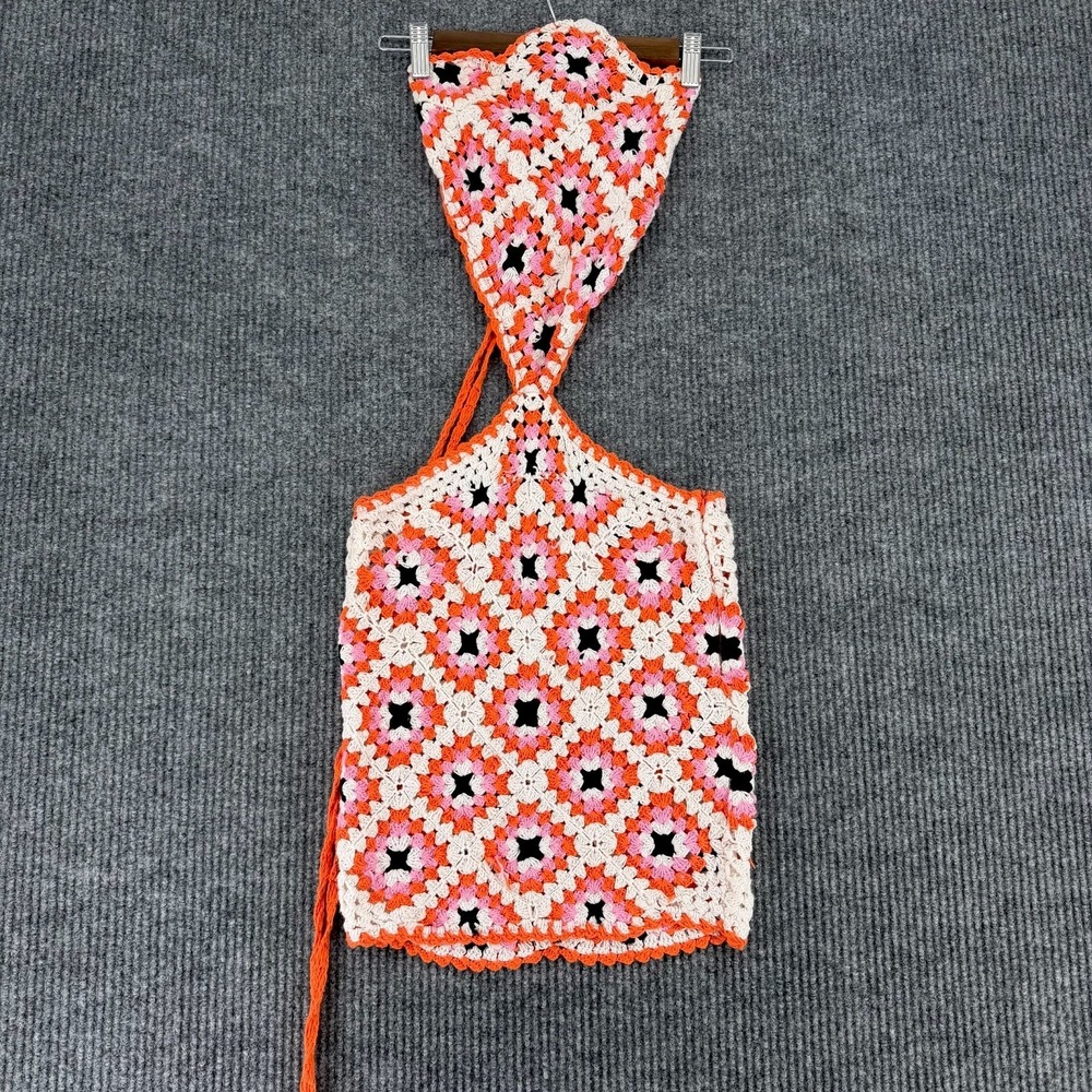 Bershka women's crochet granny square cutout halter dress size Medium festival - Picture 2 of 11